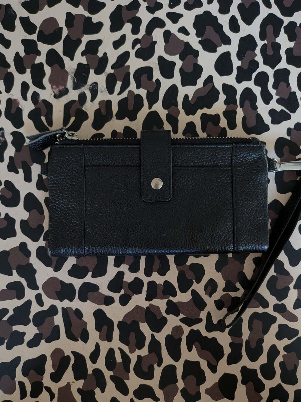 Black Pebbled Leather Double Zip Wallet Wristlet with ID Window